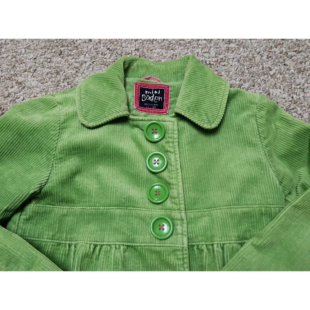 Mini Boden Peacoat Girls 11-12Y Green Polka Dot Lined Corduroy Long Coat